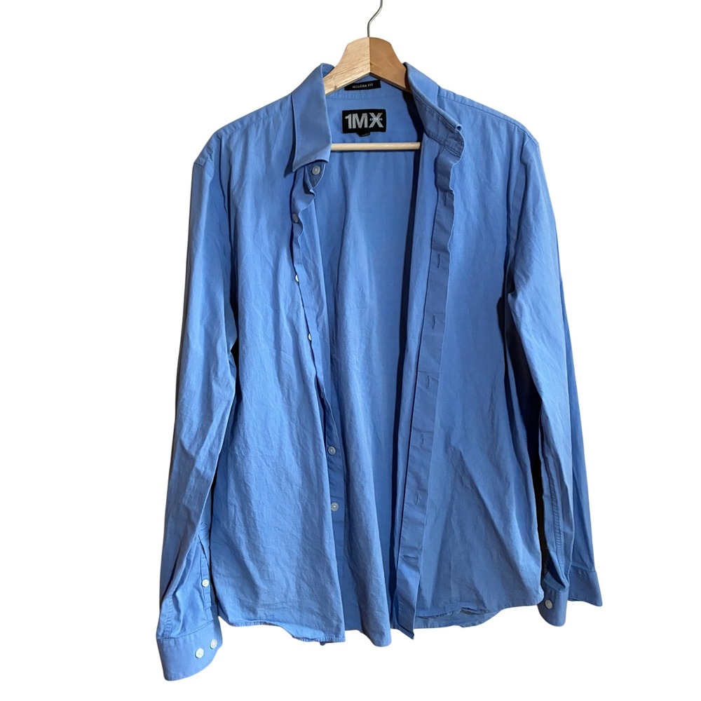 Express 1MX Modern Fit Button Down Shirt Large Blue Mens Stretch Cotton